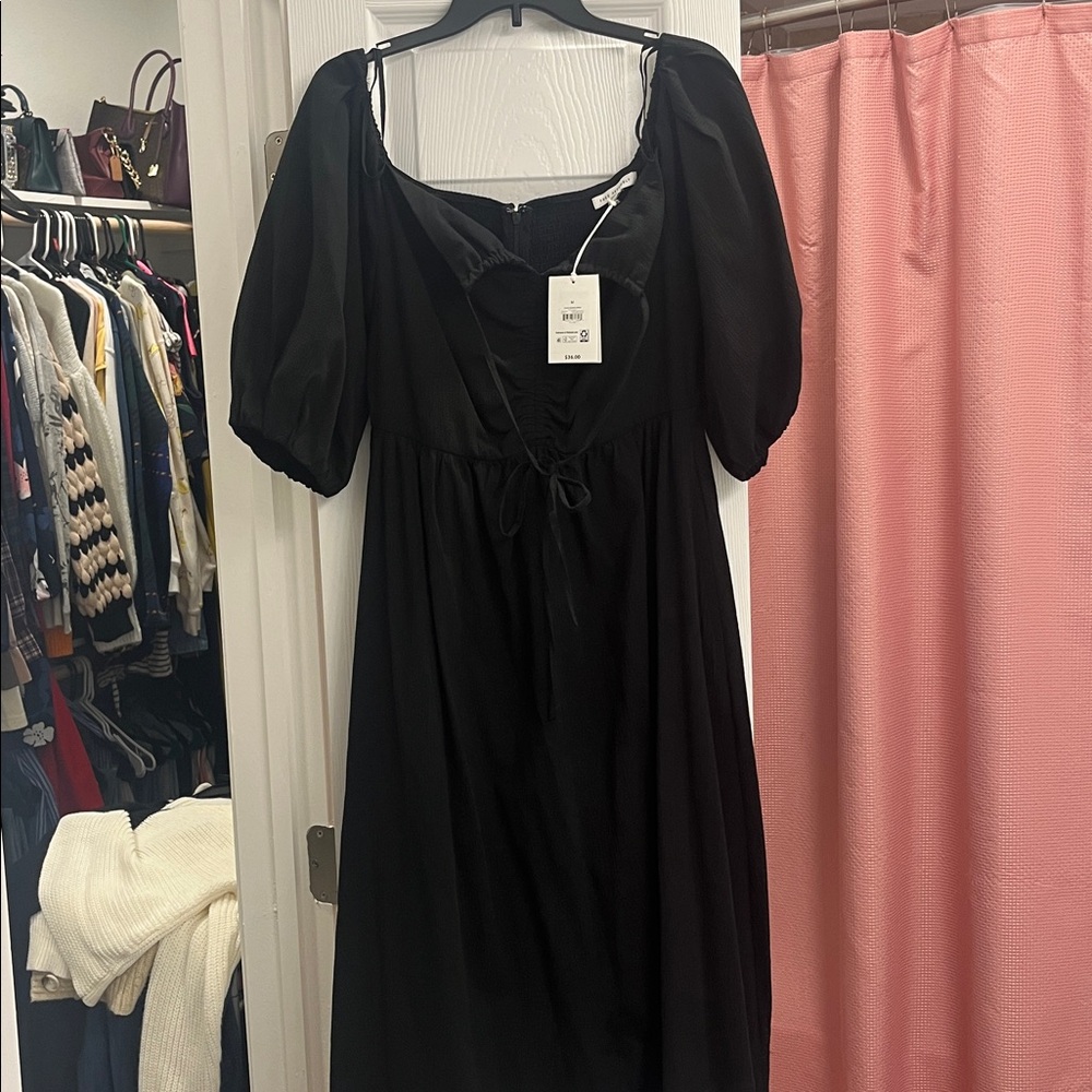 Black Puff Sleeve Midi Dress with NeckTie and pockets